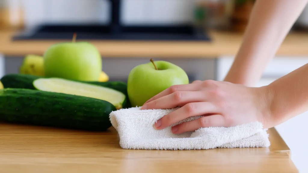 Протирание вымытых яблок и огурцов чистым полотенцем