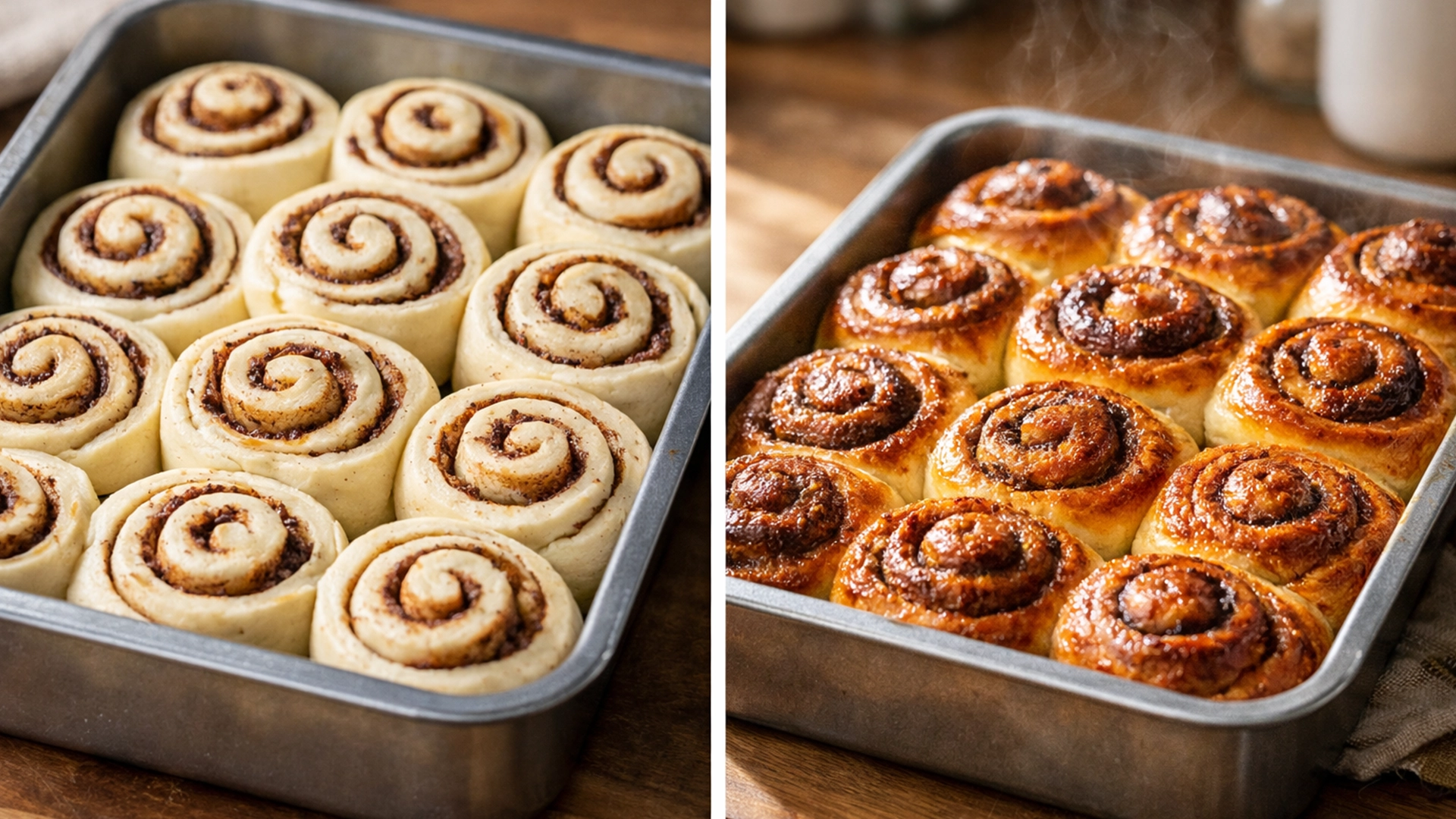 Булочки с корицей в форме перед и после выпекания