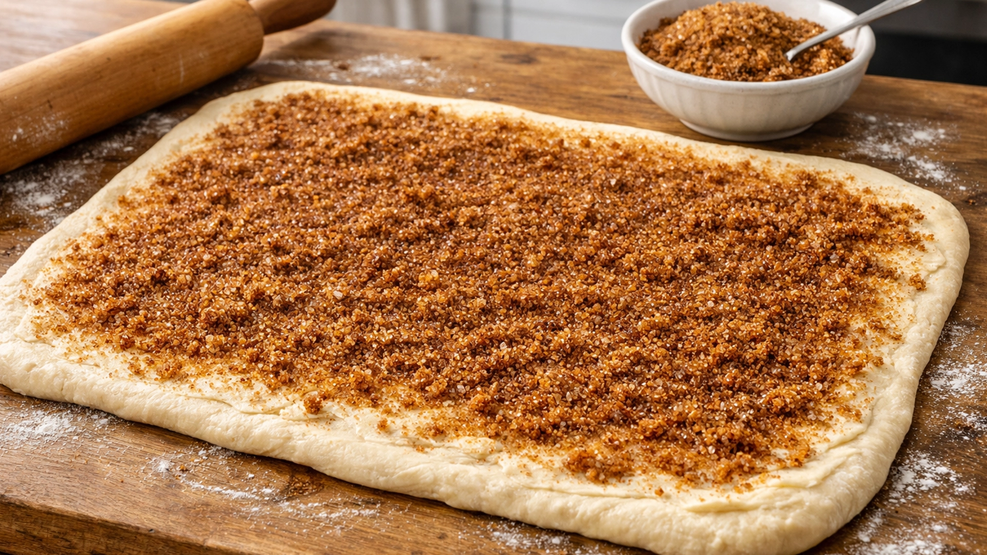 Раскатанное тесто с корицей и коричневым сахаром перед сворачиванием