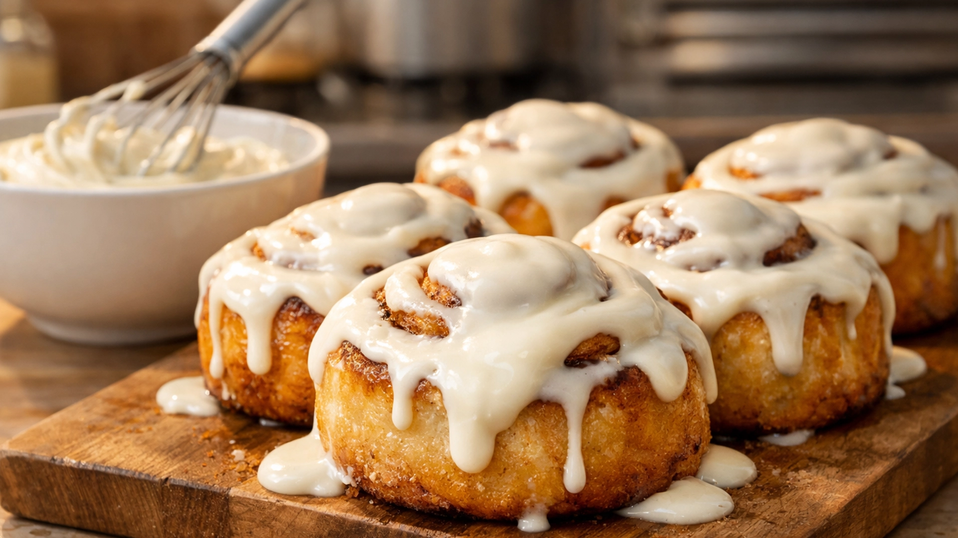 Свежие булочки с корицей покрытые сливочной глазурью