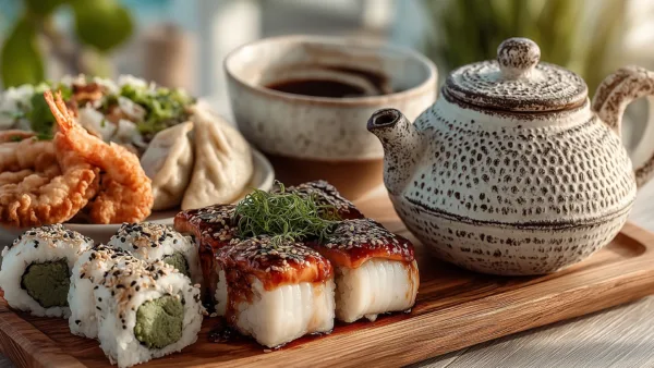 Японская кухня традиционные блюда на белом столе