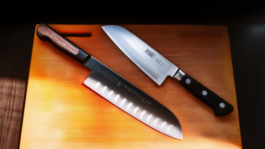 Японские и европейские кухонные ножи на разделочной доске