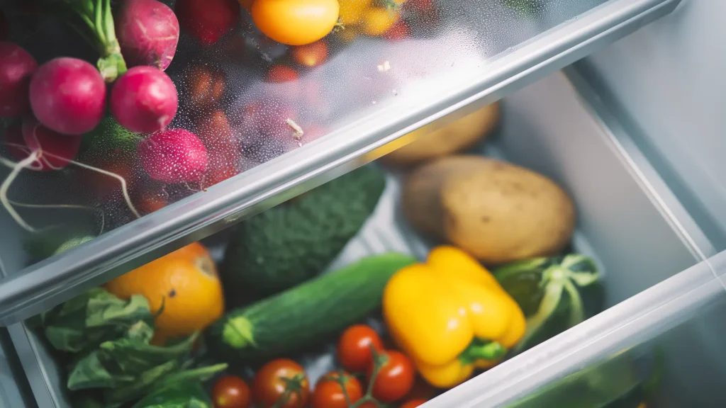 Свежие овощи и фрукты в ящике холодильника
