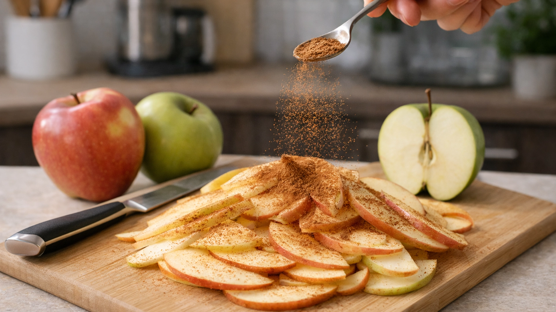 нарезанные яблоки с корицей для начинки пирога