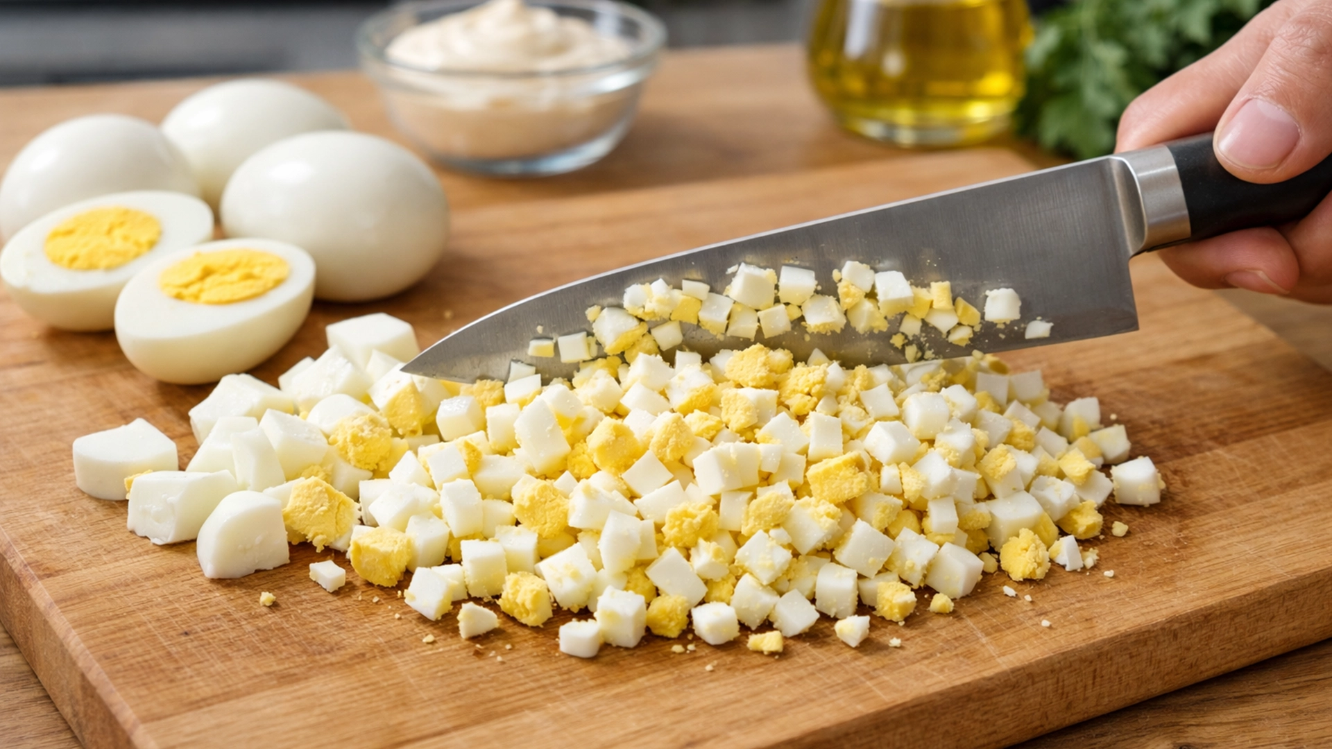 нарезанные варёные яйца для яичного салата