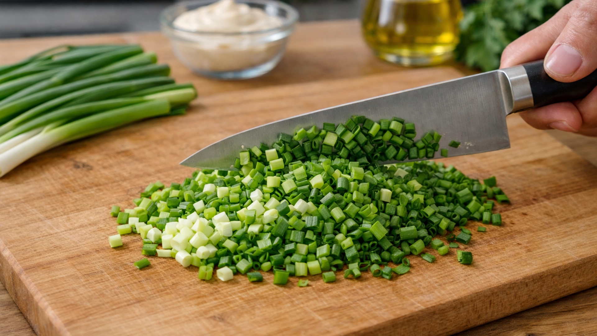 нарезка свежего зелёного лука для салата