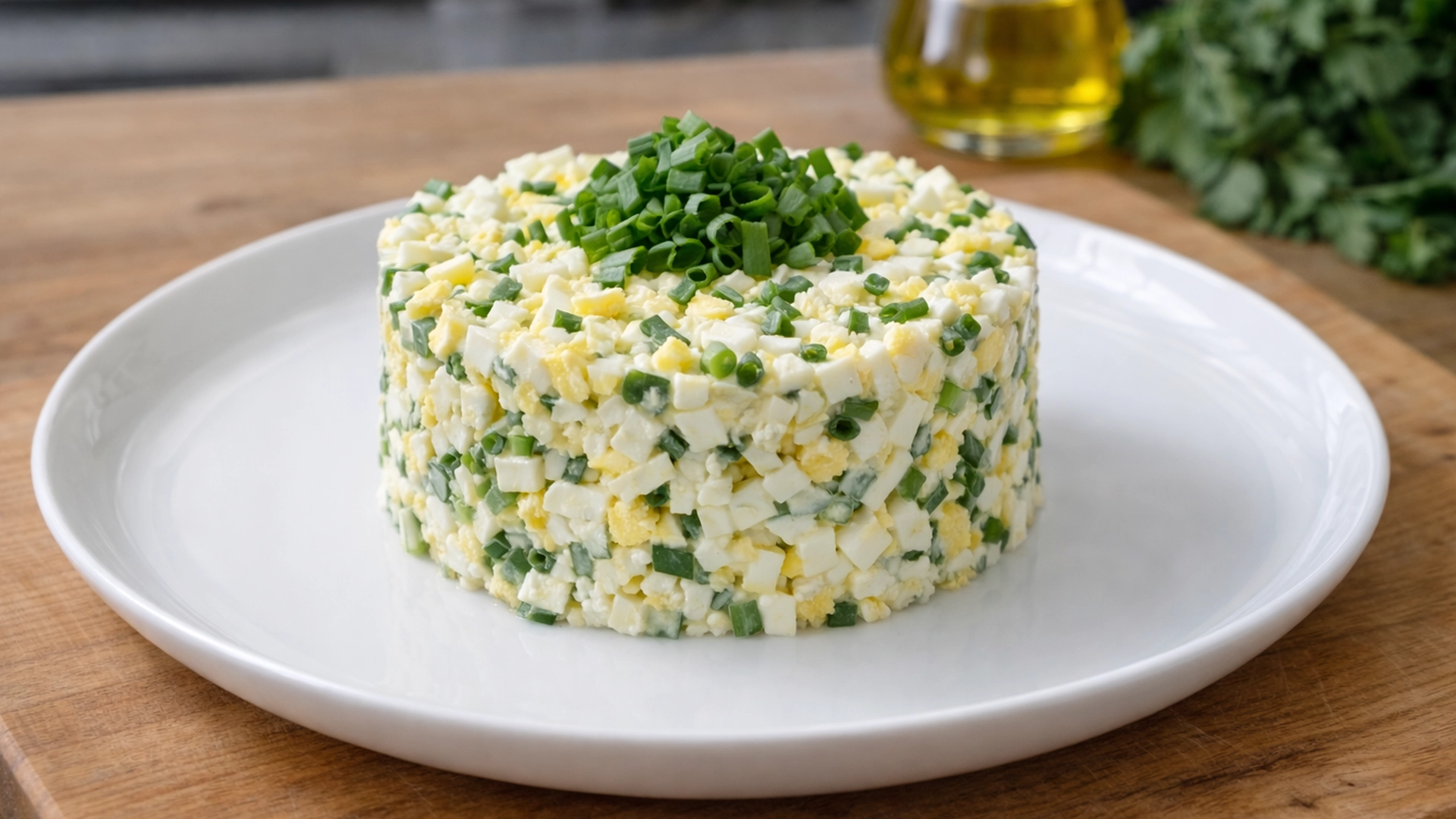 готовый яичный салат с зелёным луком на тарелке