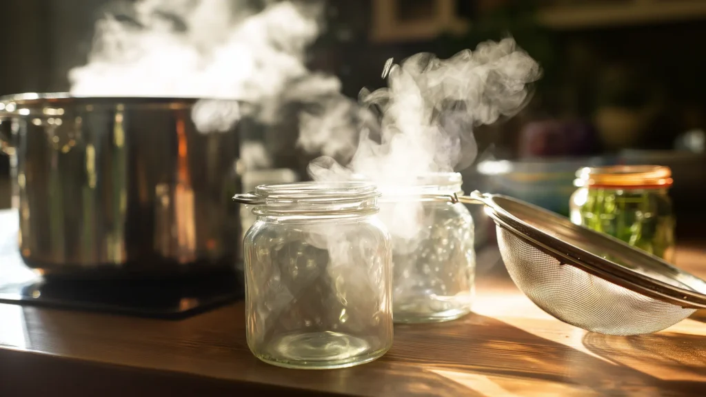 Стерилизация банок над кастрюлей с кипящей водой