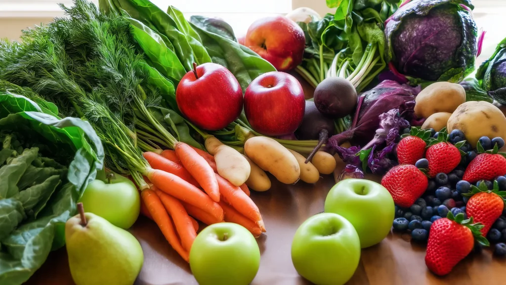 Разные овощи и фрукты перед мытьём на кухонном столе