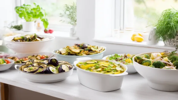 Веганские блюда с овощами и орехами на белом столе