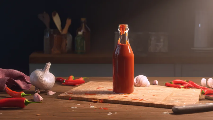 Соус "Шрирача" в бутылке на кухонной столешнице с острыми перцами и чесноком