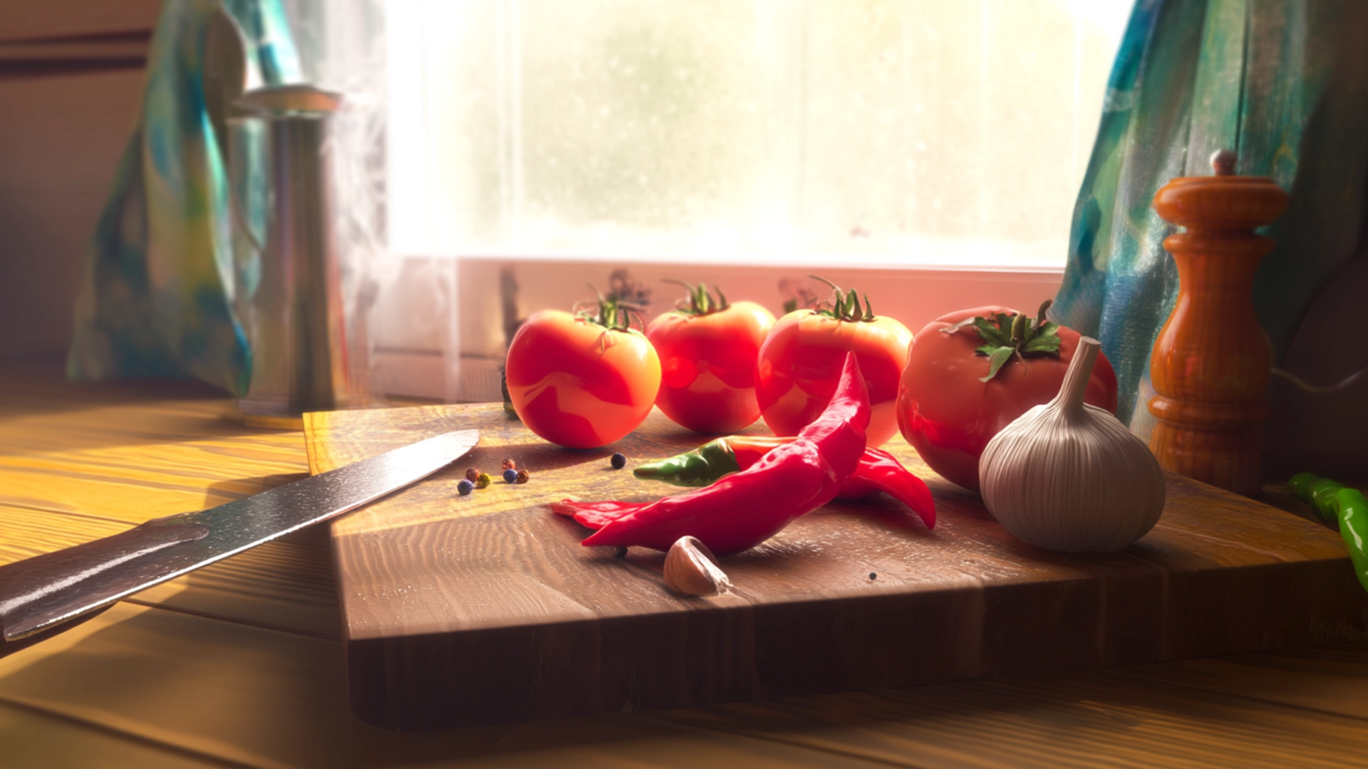 Подготовка помидоров, перца и чеснока для аджики на кухонной столешнице