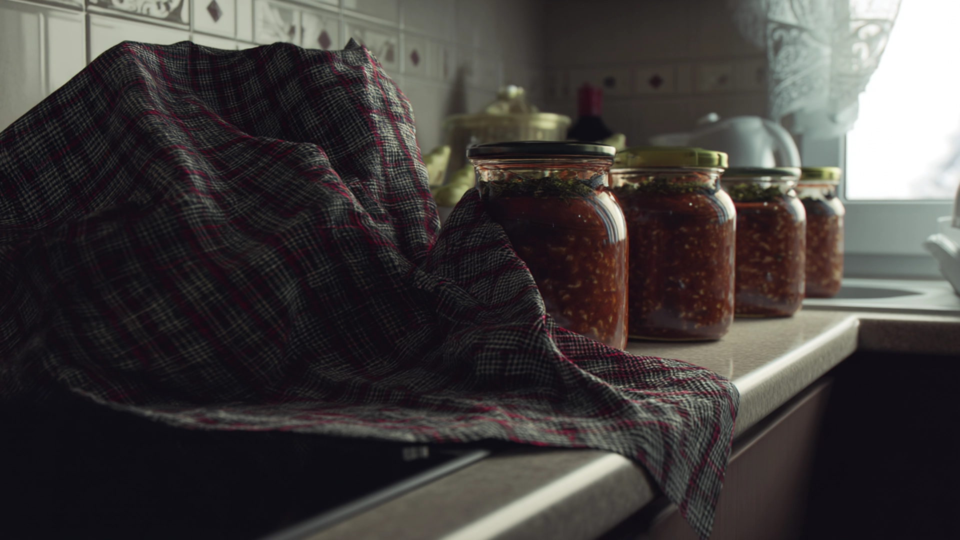 Банки с аджикой, накрытые одеялом, остывают на кухне