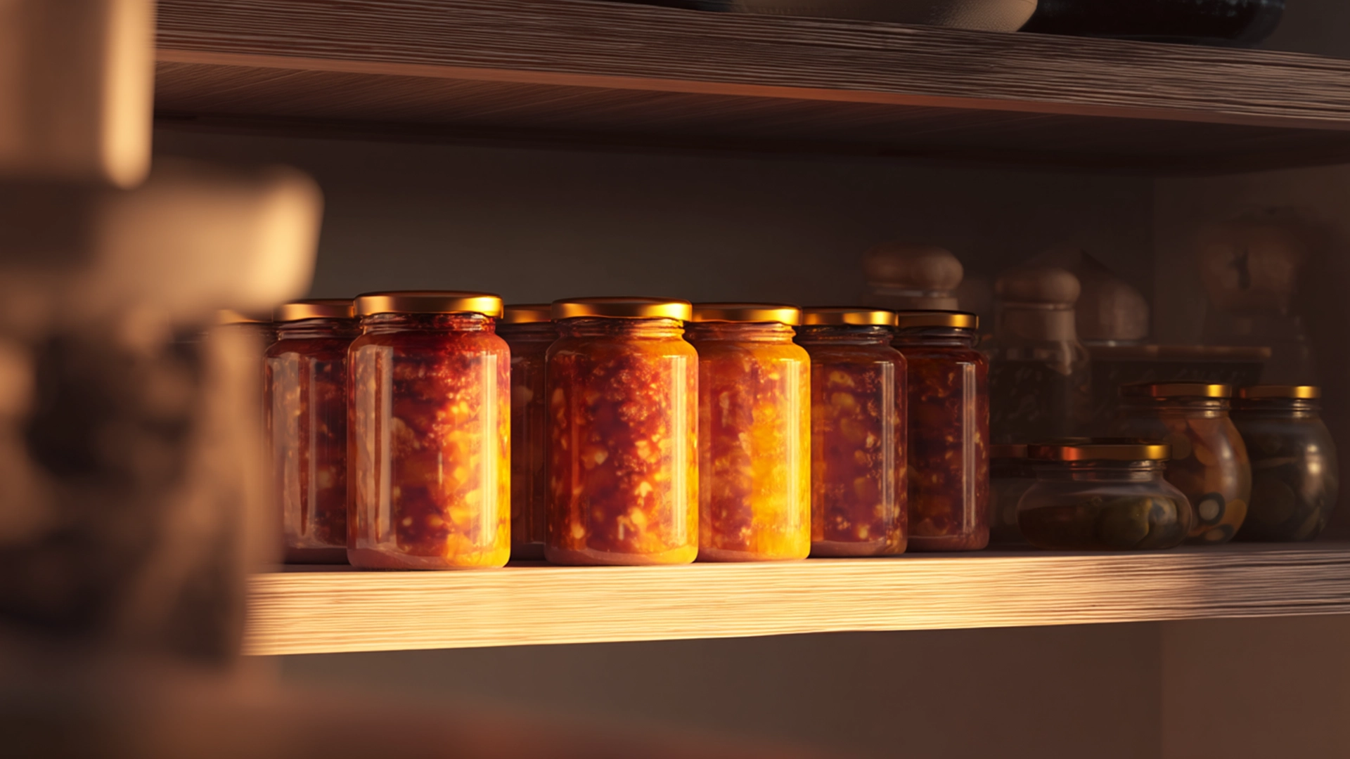 Банки с аджикой на полке в кладовке