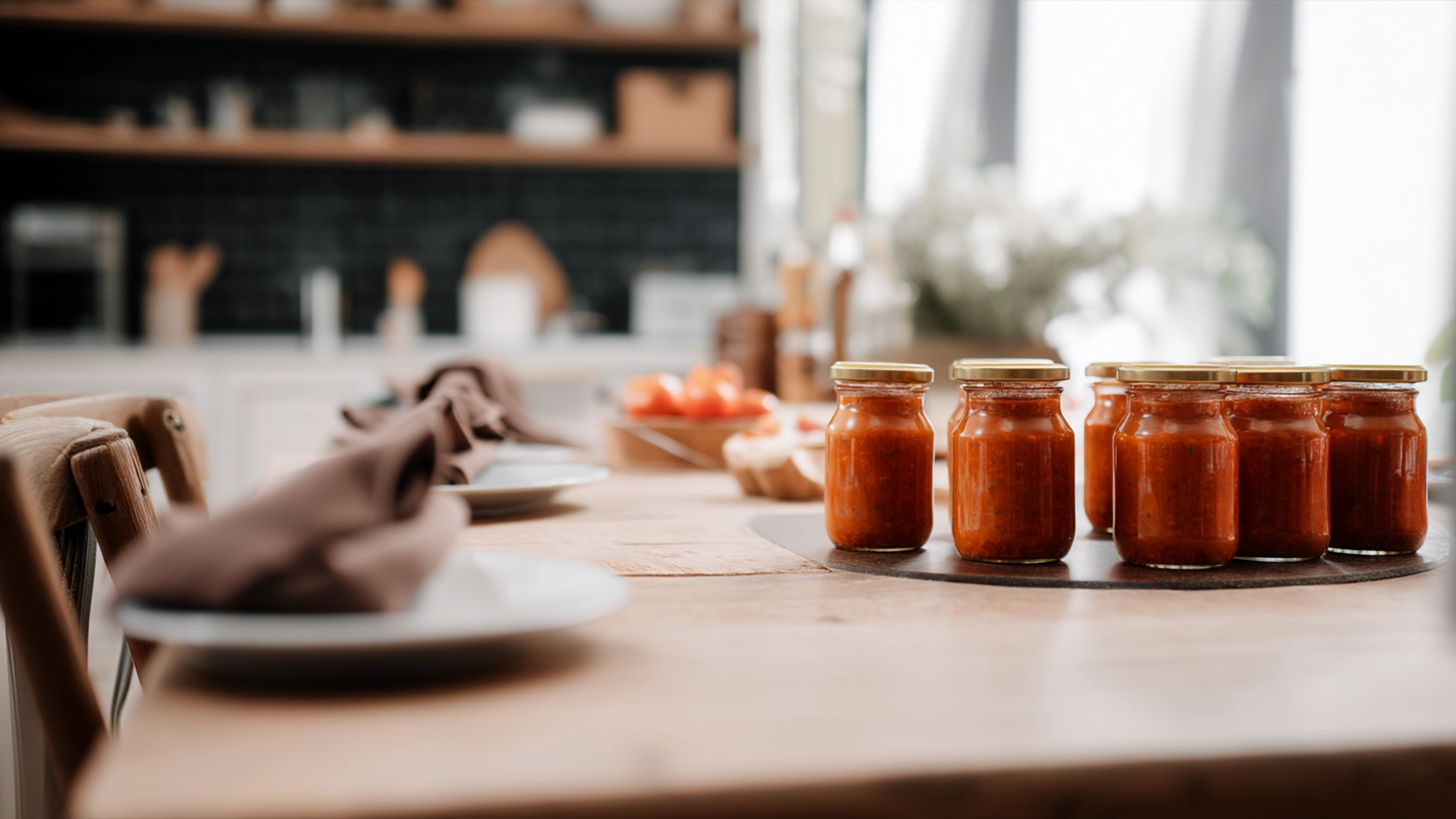 Готовая домашняя острая аджика на столе с хлебом