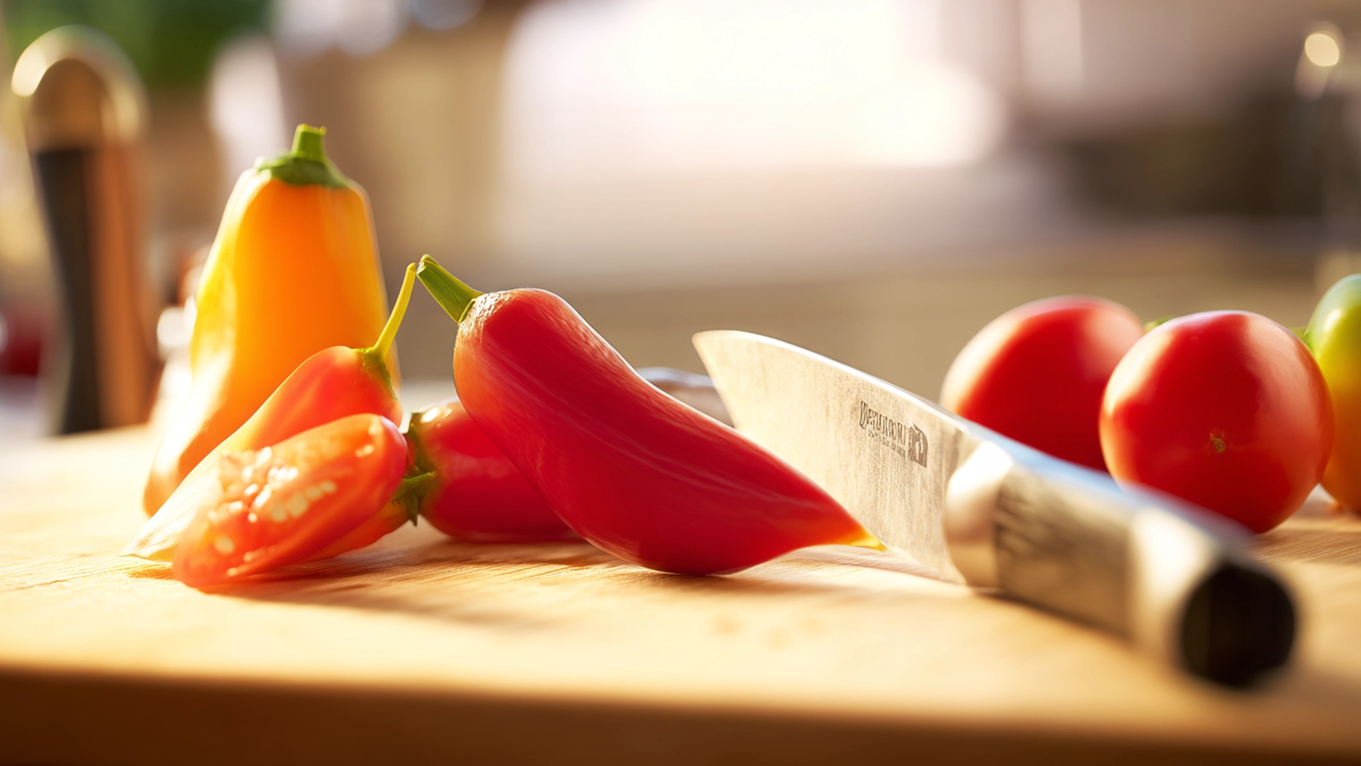 Нарезка сладкого и острого перца, помидоров на разделочной доске