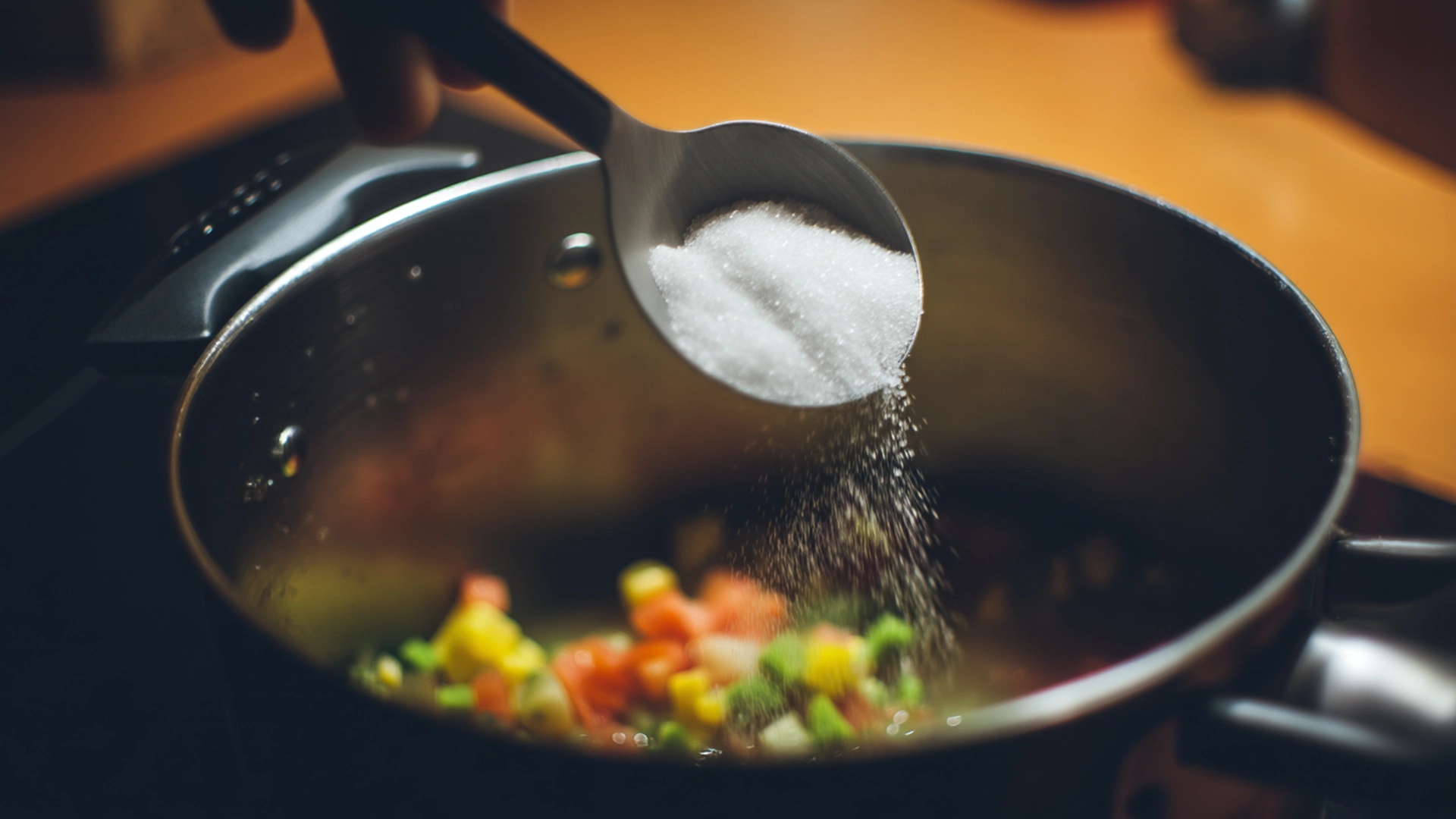 Добавление соли и сахара в кастрюлю с овощами для аджики