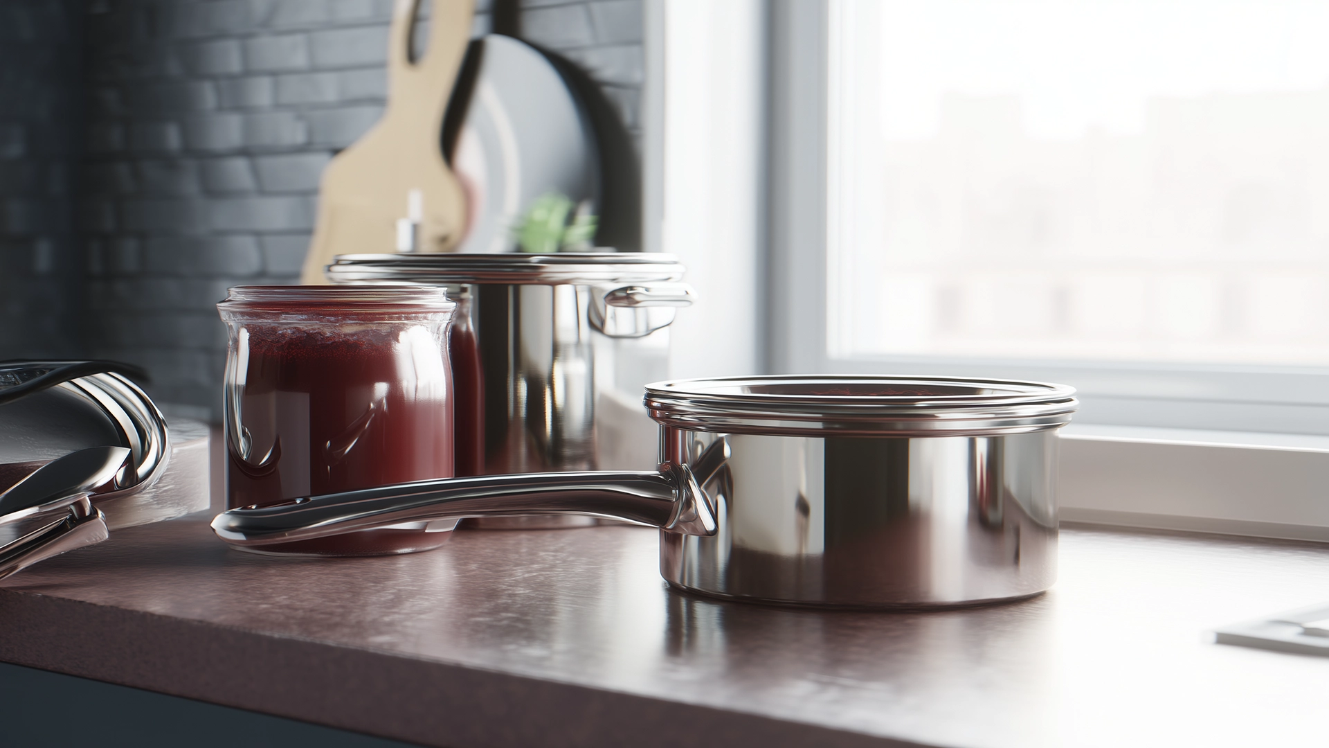 Остывающий соус барбекю в сотейнике на кухонной столешнице