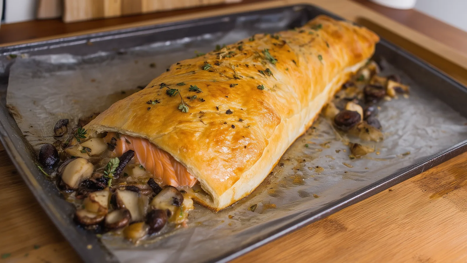 Фото блюда: Кижуч запеченный в тесте с грибами и сметаной