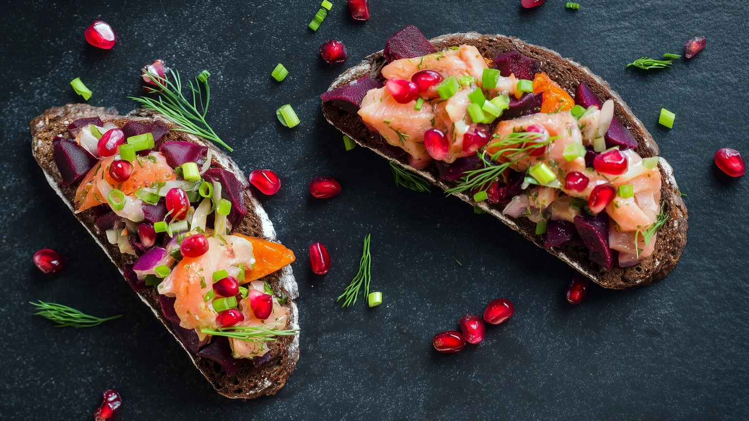 Фото блюда: Брускетта на черном хлебе с селедкой и овощами