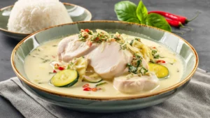 Фото блюда: Куриное филе в кокосово имбирном соусе с овощами и зеленью