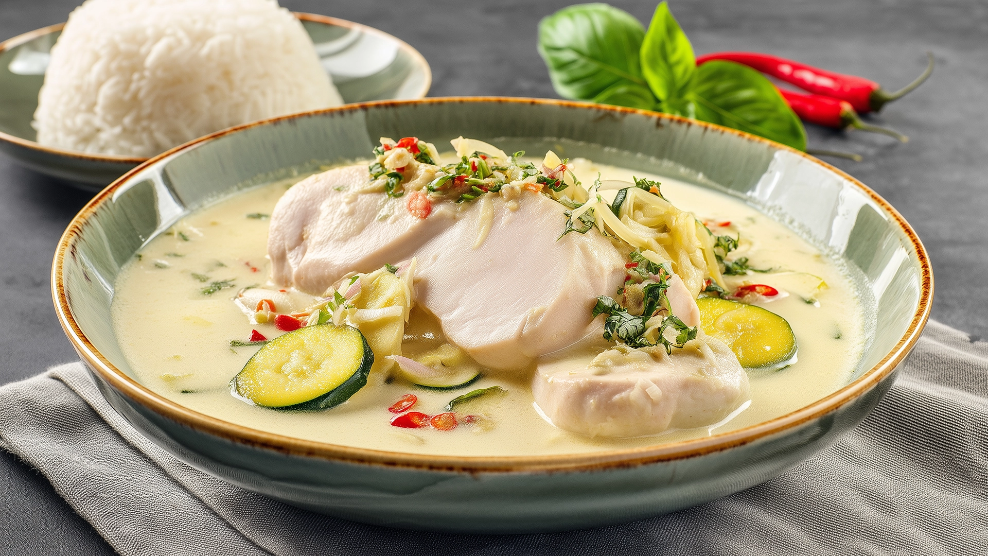 Фото блюда: Куриное филе в кокосово имбирном соусе с овощами и зеленью