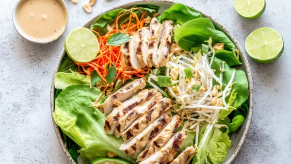Тайский салат с курицей и арахисовым соусом