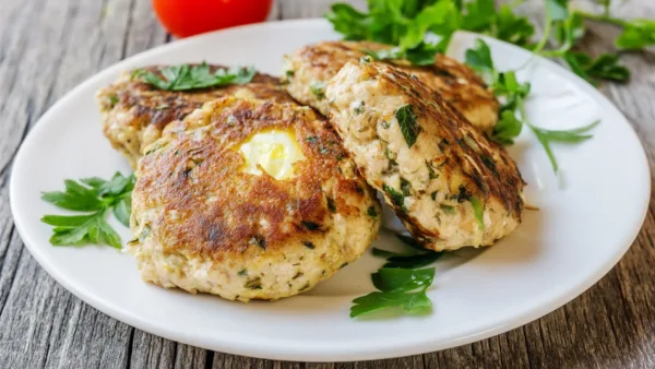 Куриные зразы с яйцом и зеленью на тарелке