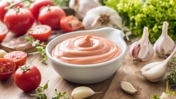 Соус кетчунез в миске на кухне с помидорами, чесноком и зеленью