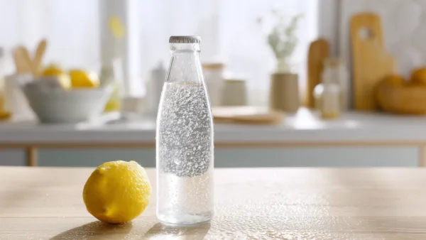 Минеральная вода в стеклянной бутылке с лимоном на деревянном столе