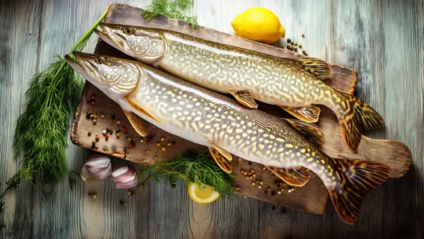 Свежая щука с лимоном и зеленью на деревянной доске