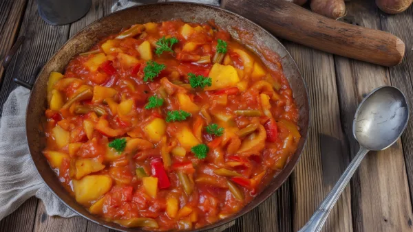 Картошка тушенная с фасолью и болгарским перцем в томатном соусе