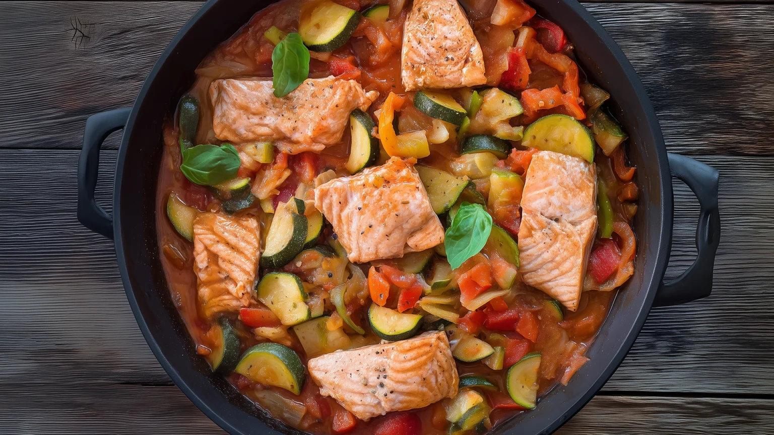 Фото блюда: Кижуч тушеный с овощами на сковороде