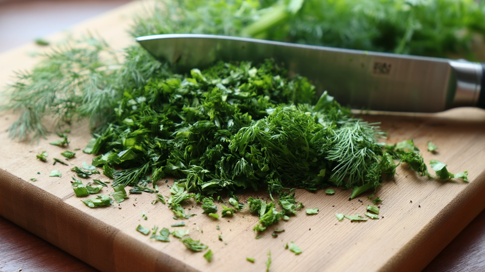 Мелко нарезанная зелень укропа и петрушки на кухонной доске