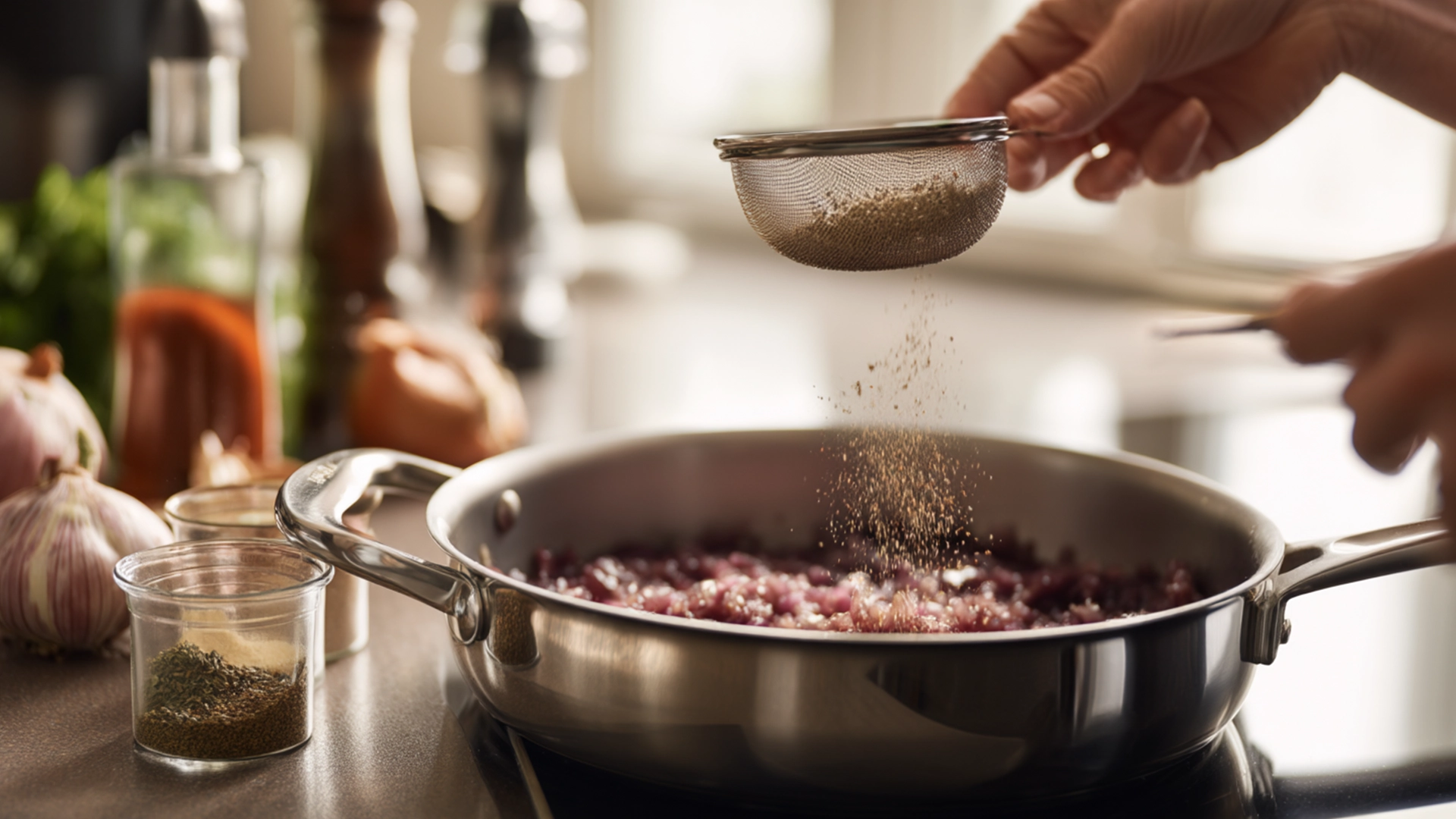 Добавление зелени и специй в соус ткемали на плите