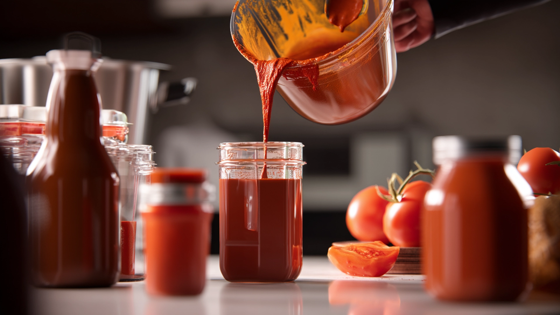 Разлив томатной пасты по стерилизованным банкам