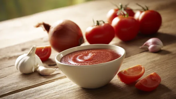 Домашний томатный соус на кухонной столешнице с помидорами и чесноком