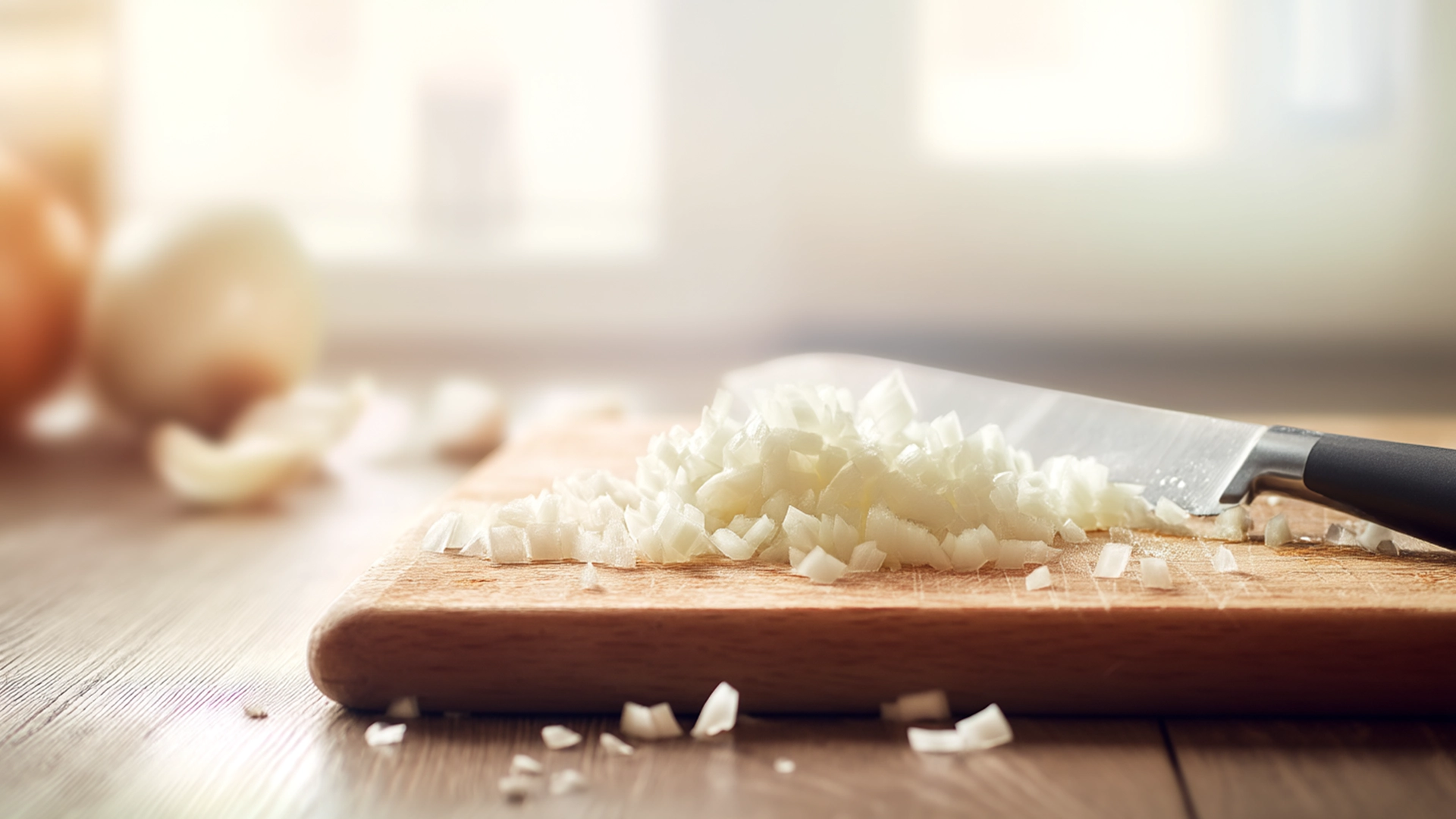 Мелко нарезанный лук на разделочной доске