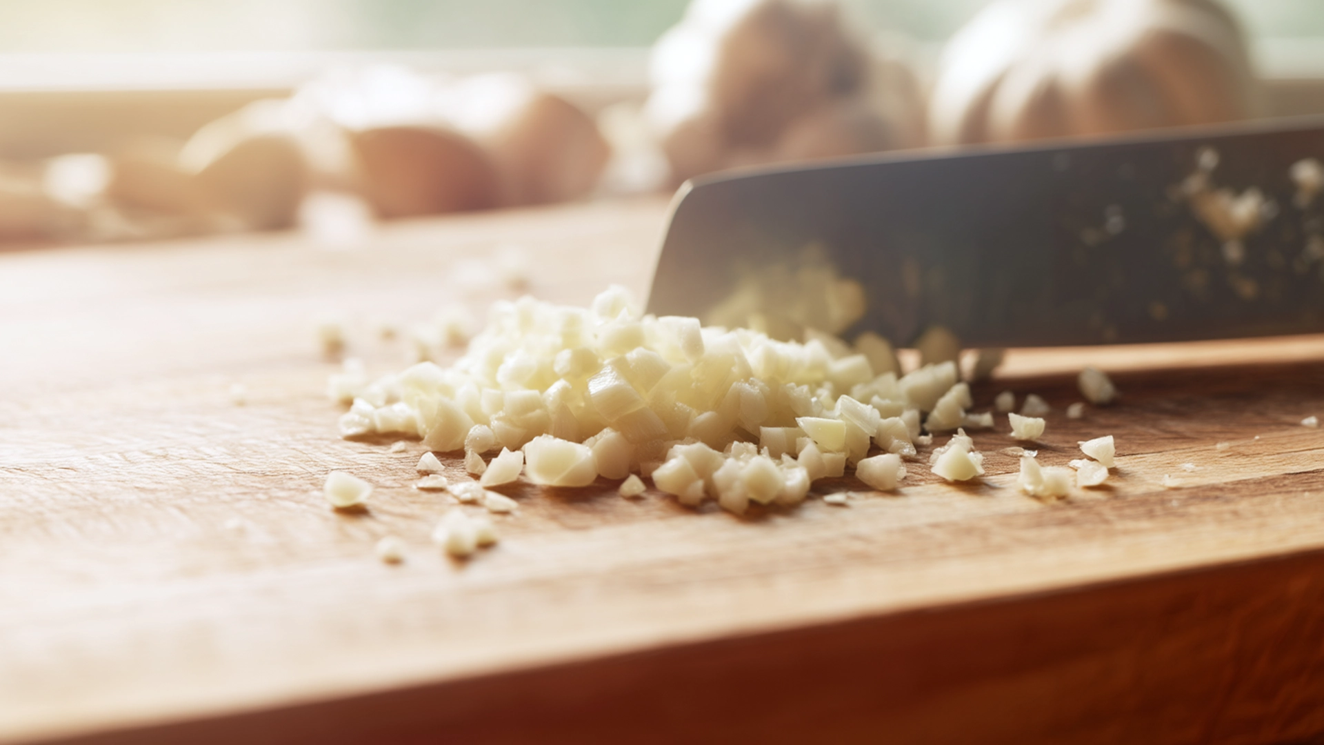 Мелко нарезанный чеснок на кухонной доске