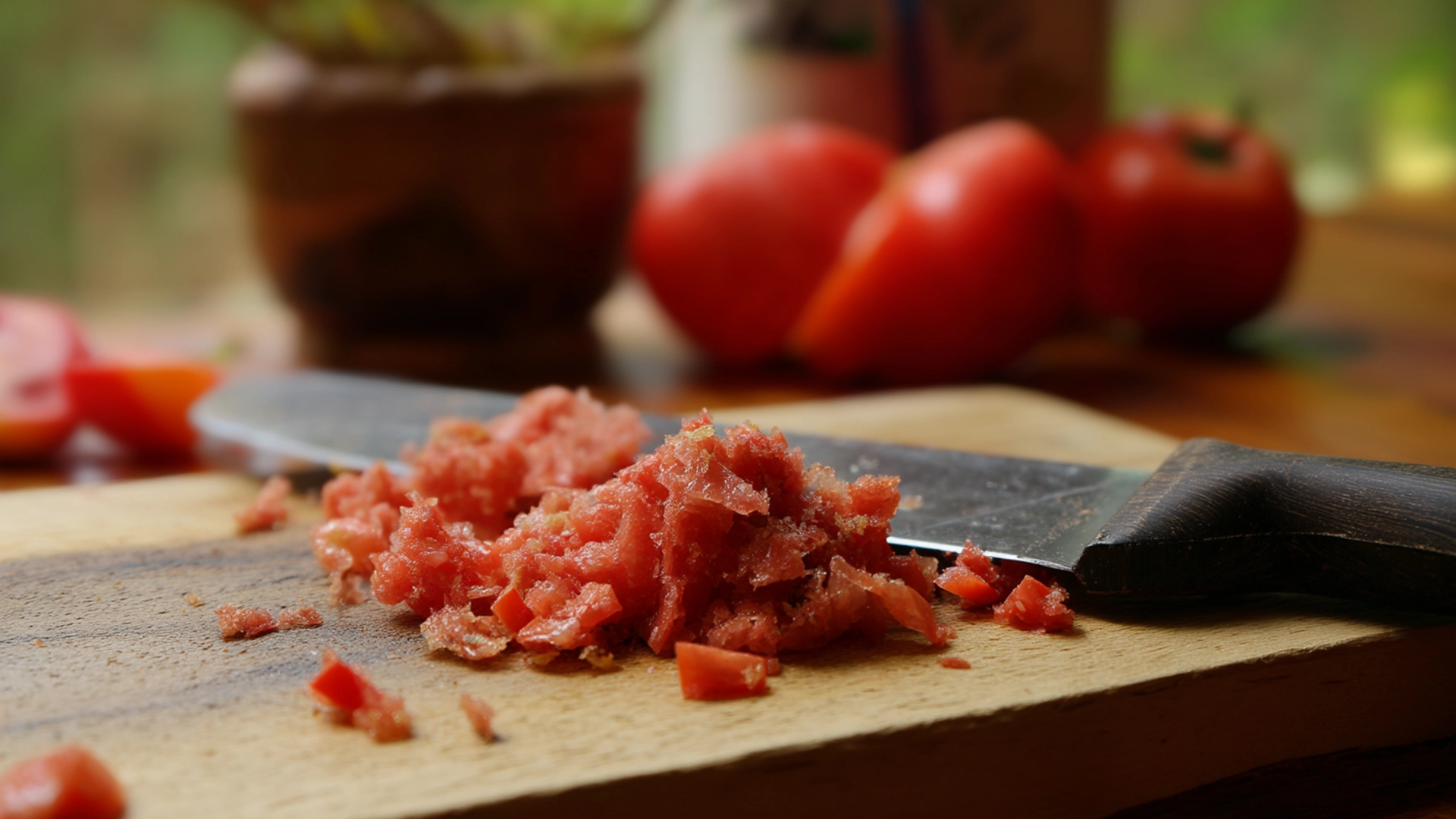 Нарезка мякоти помидоров на разделочной доске