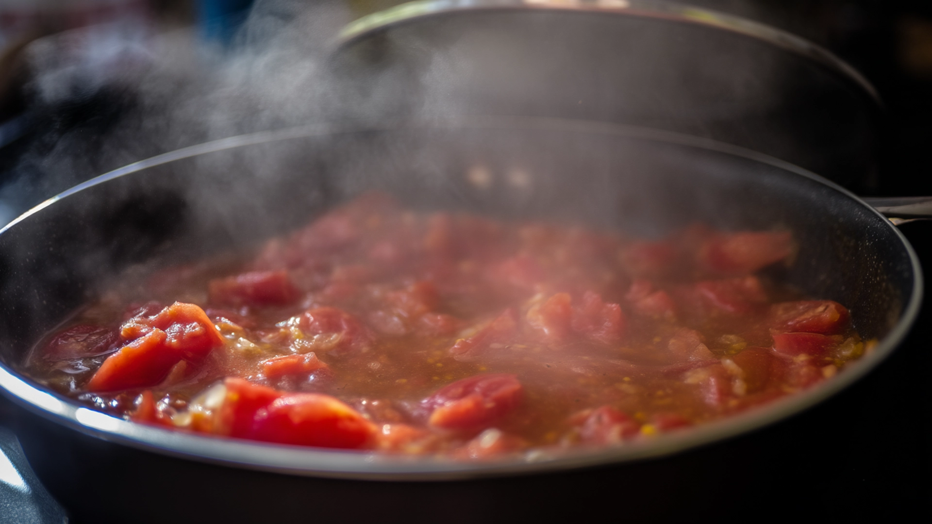 Добавление помидоров в сковороду для приготовления соуса