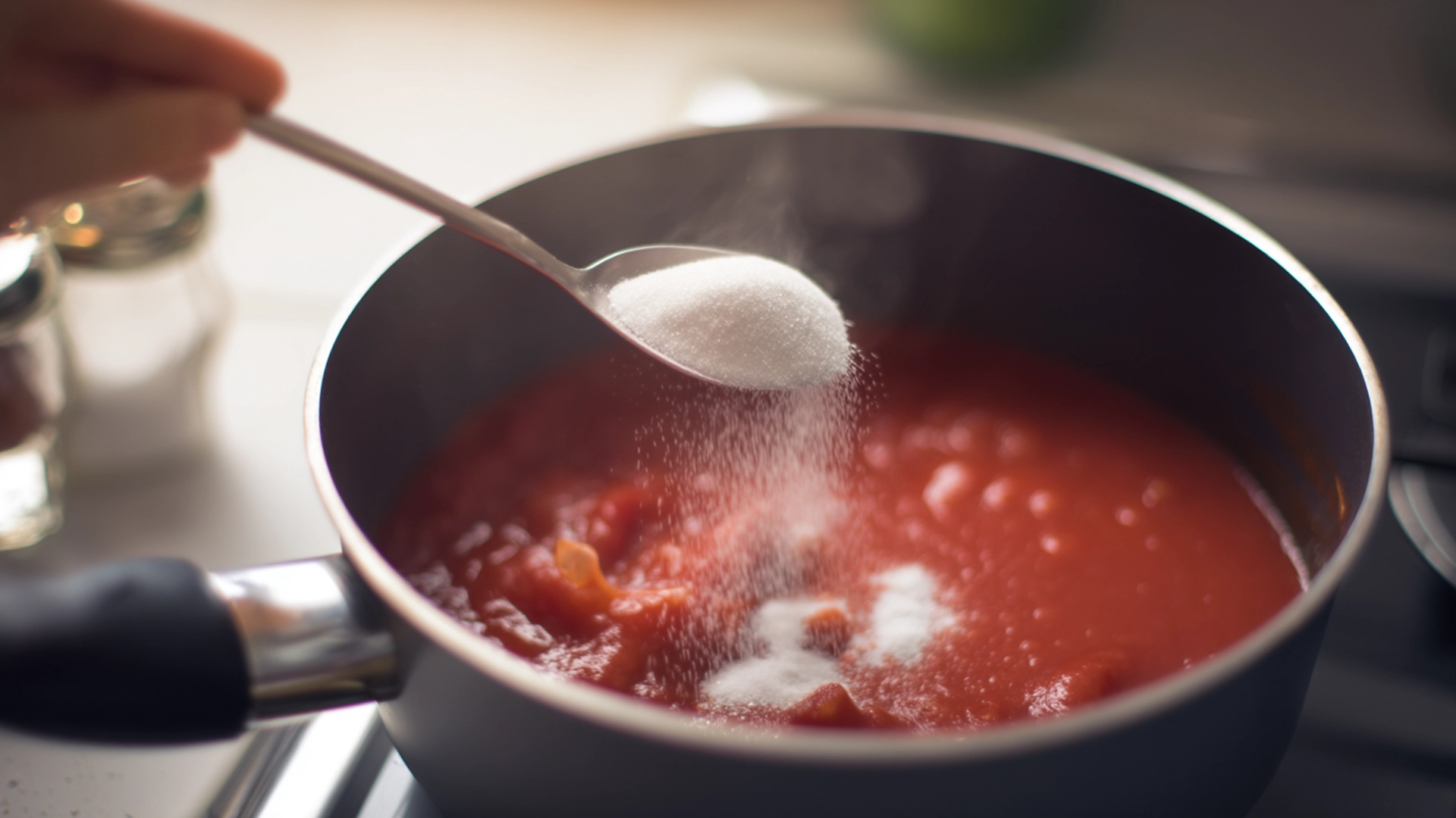 Приправление томатного соуса солью и сахаром