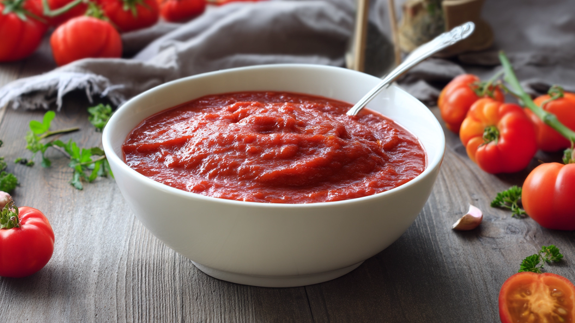 Готовый томатный соус в миске на кухонной столешнице