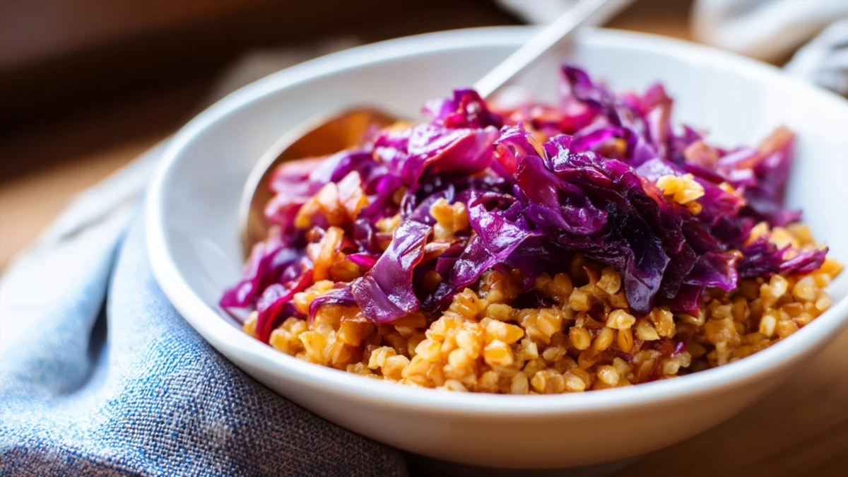 Фото блюда: Булгур с тушёной краснокочанной капустой для сытного и полезного обеда