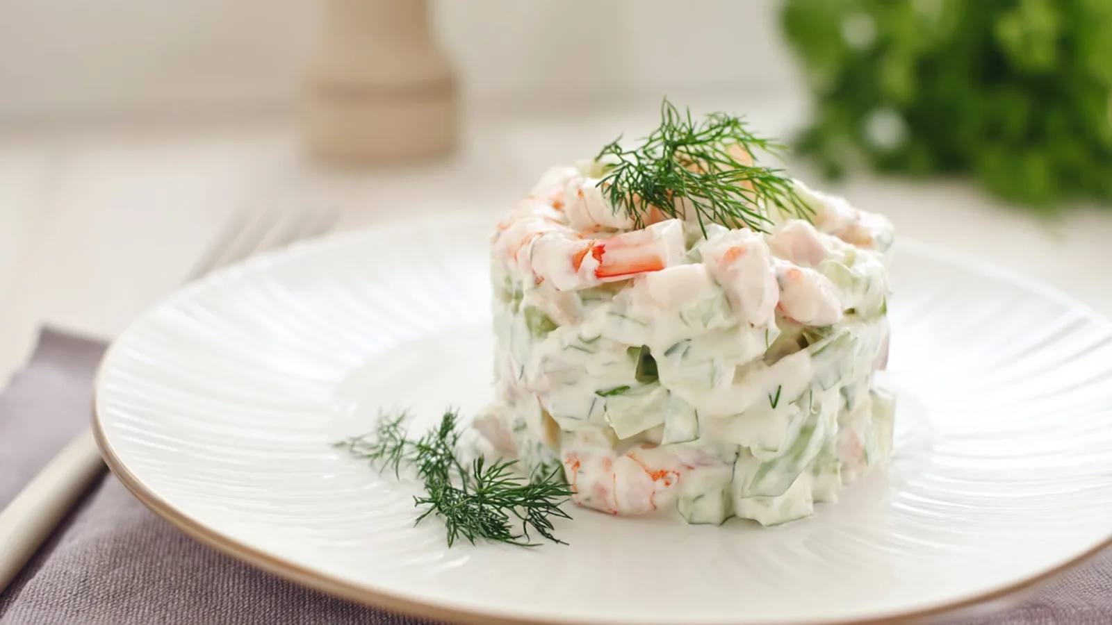 Фото блюда: Холодная закуска с раковыми шейками и огурцом которая освежает сразу