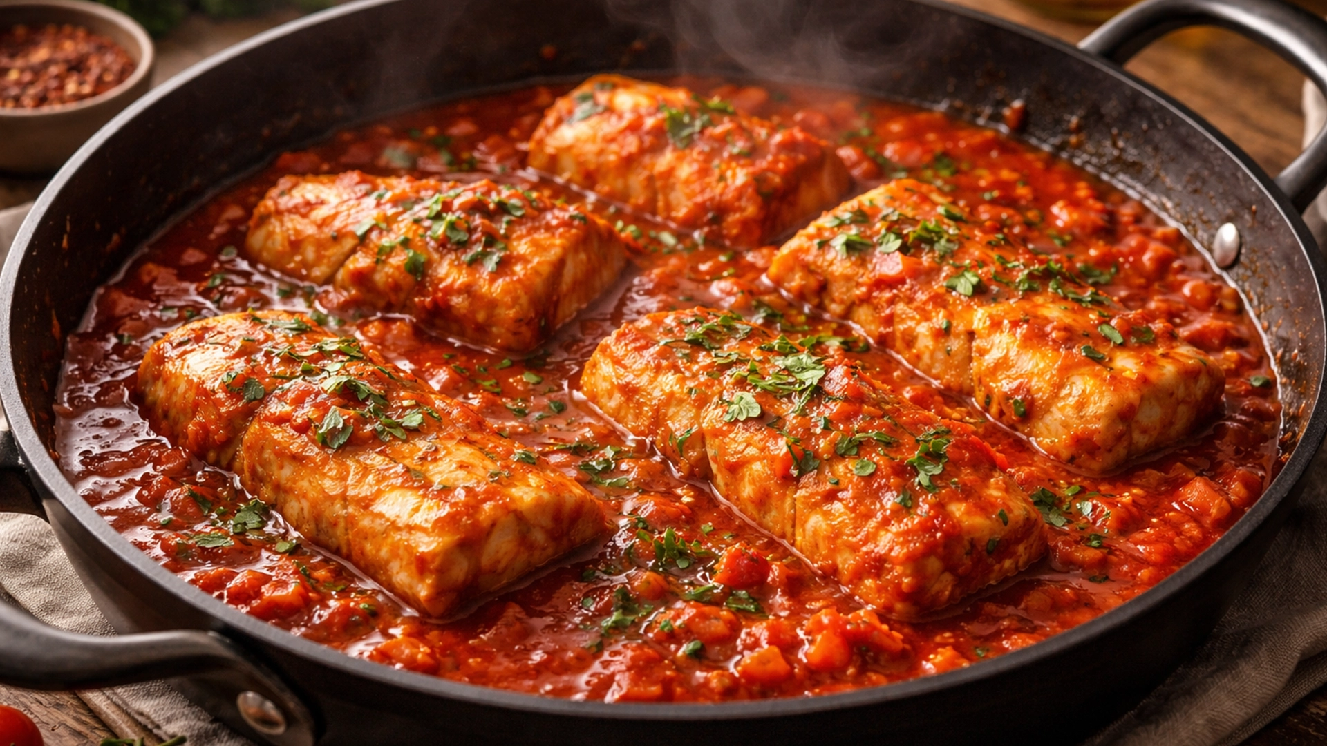 Готовый минтай в густом томатном соусе в сковороде