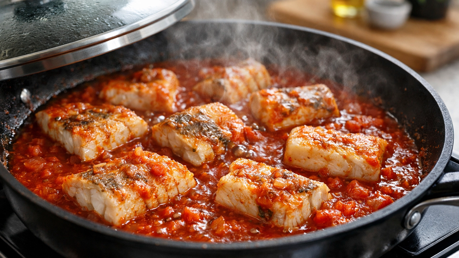 Кусочки минтая тушатся в томатном соусе под крышкой