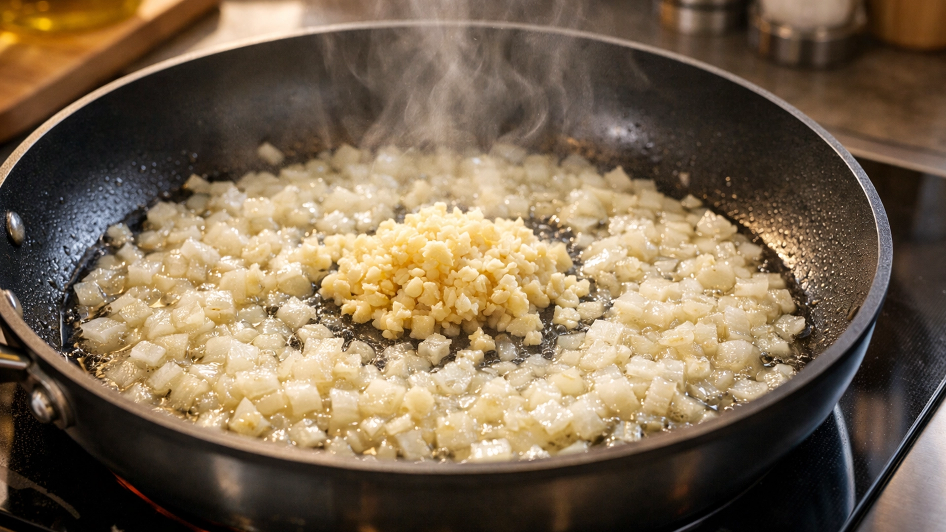 Лук и чеснок обжариваются в сковороде на среднем огне
