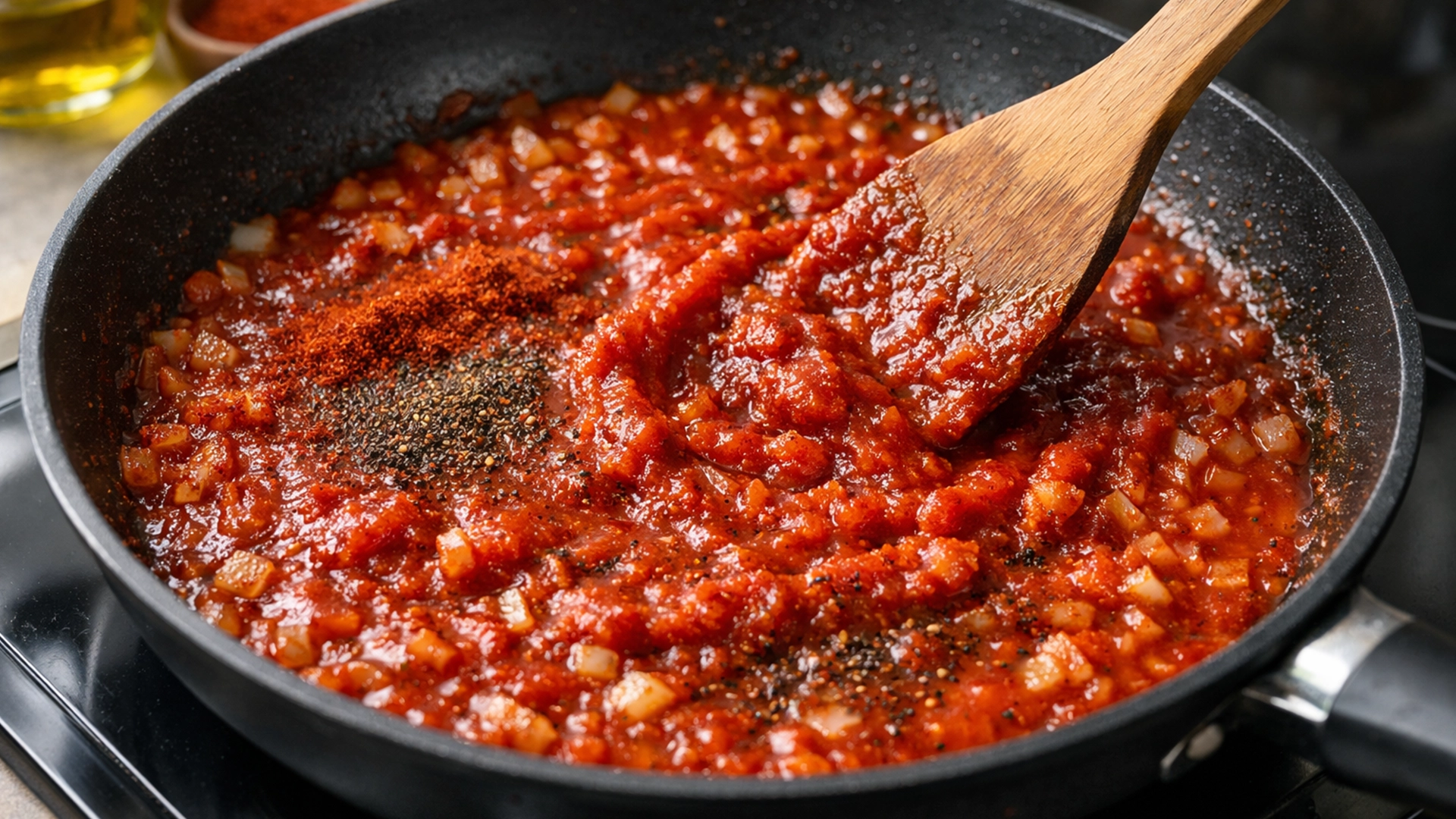 Томатная паста смешивается с луком и специями в сковороде