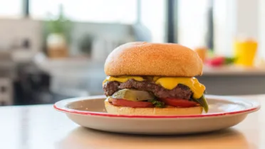 Фото блюда: Сочный классический чизбургер который радует с первого укуса